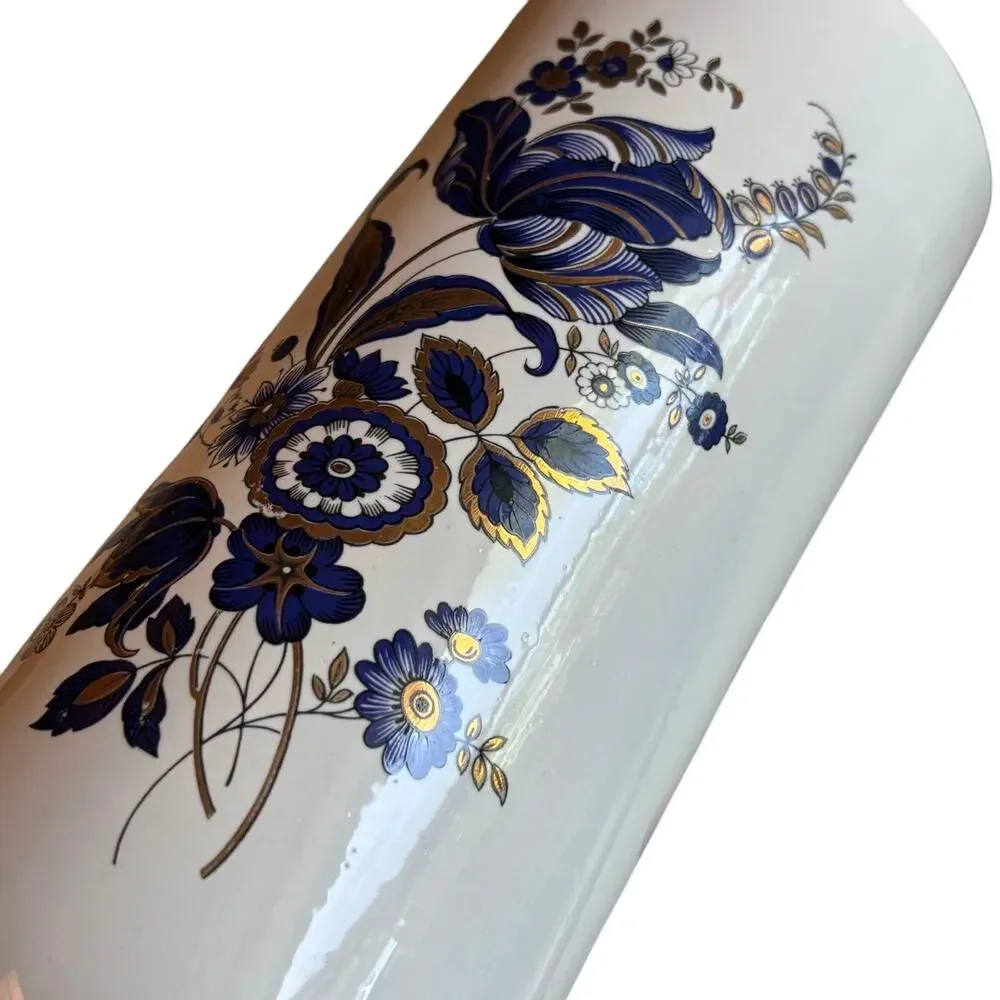 Vintage porcelain cylinder vase cobalt blue floral gold highlights hobbyist